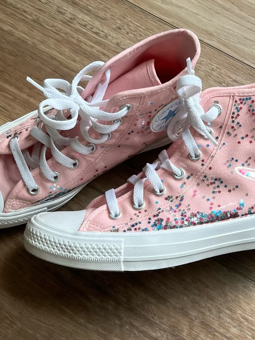 Converse Pink with Star Glitter Confetti High Top Sneakers big girls size 3.5